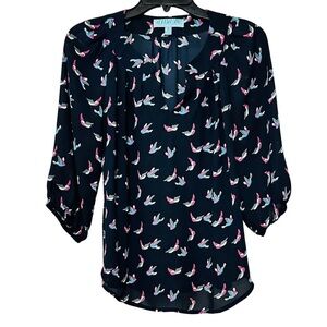 Aina Be Bird Print Sheer Blouse Navy Split Neck 3/4 Sleeve Top Size Small